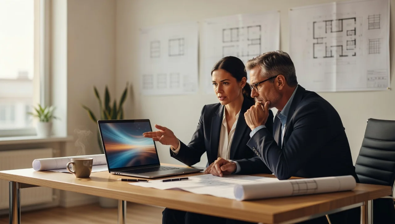 Two construction company professionals discuss an IT decision at a desk with blueprints on the wall