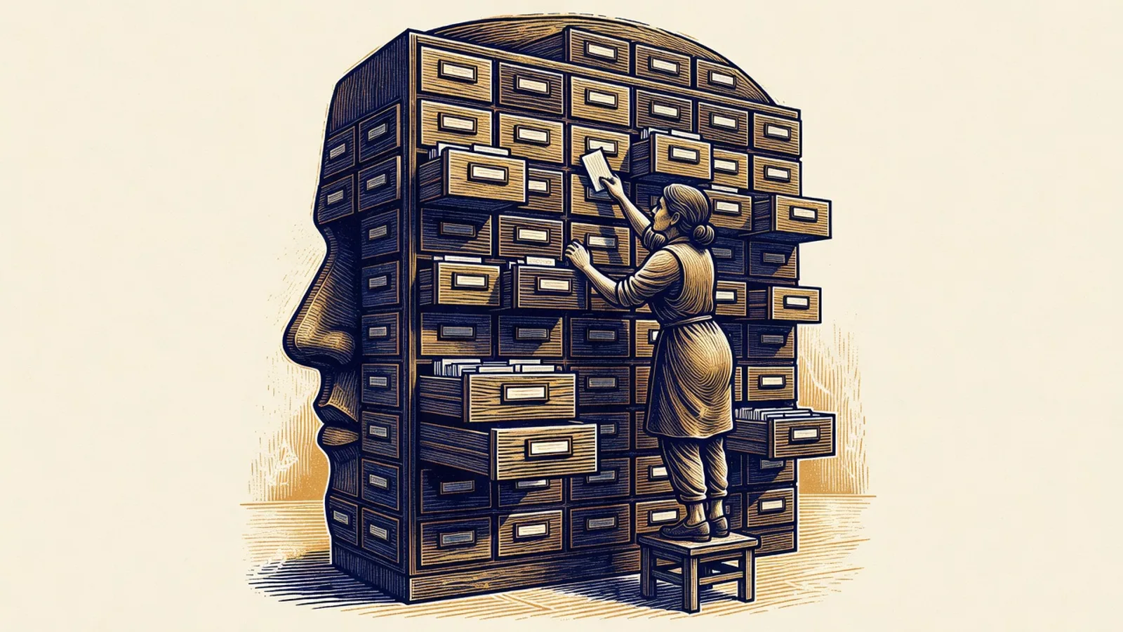 Woodcut print of a librarian filing labeled drawers in a giant card catalog shaped like a head