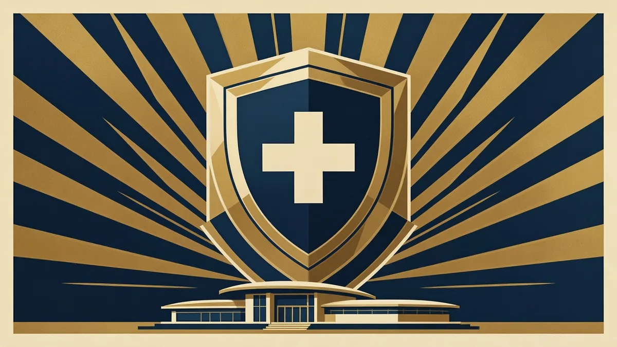 Art deco poster of a geometric shield with a medical cross rising above a small clinic building