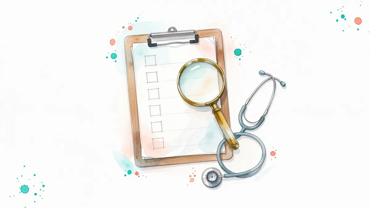 Watercolor of a clipboard checklist with empty checkboxes under a magnifying glass beside a stethoscope