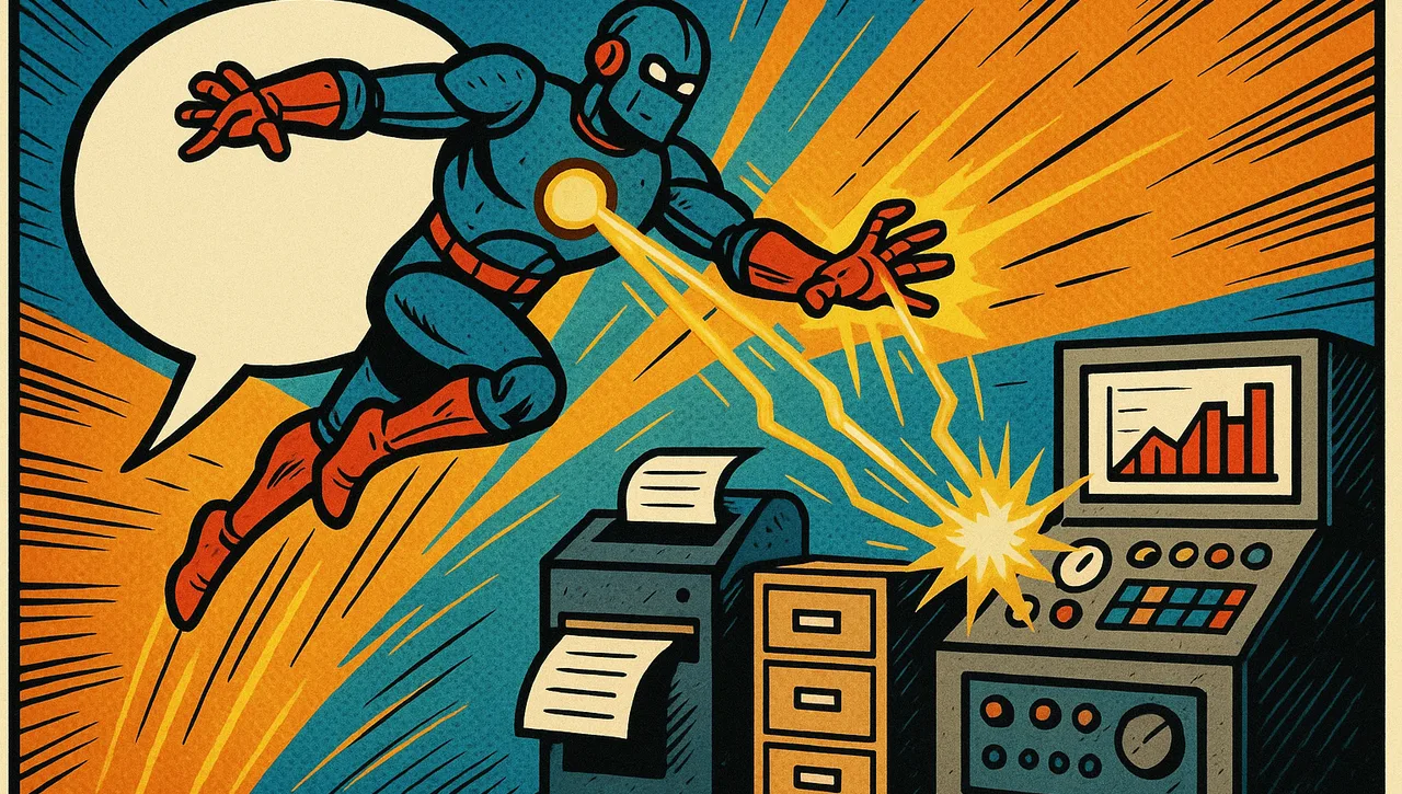 Comic book robot hero leaps from a chat bubble, streaming energy that powers business machines