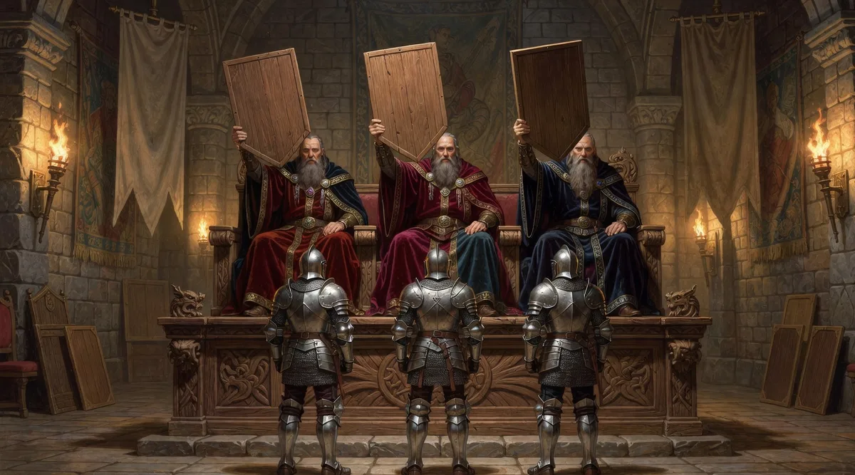Fantasy illustration of three robed council judges holding up blank scoring shields while evaluating armored knight candidates in a torch-lit hall