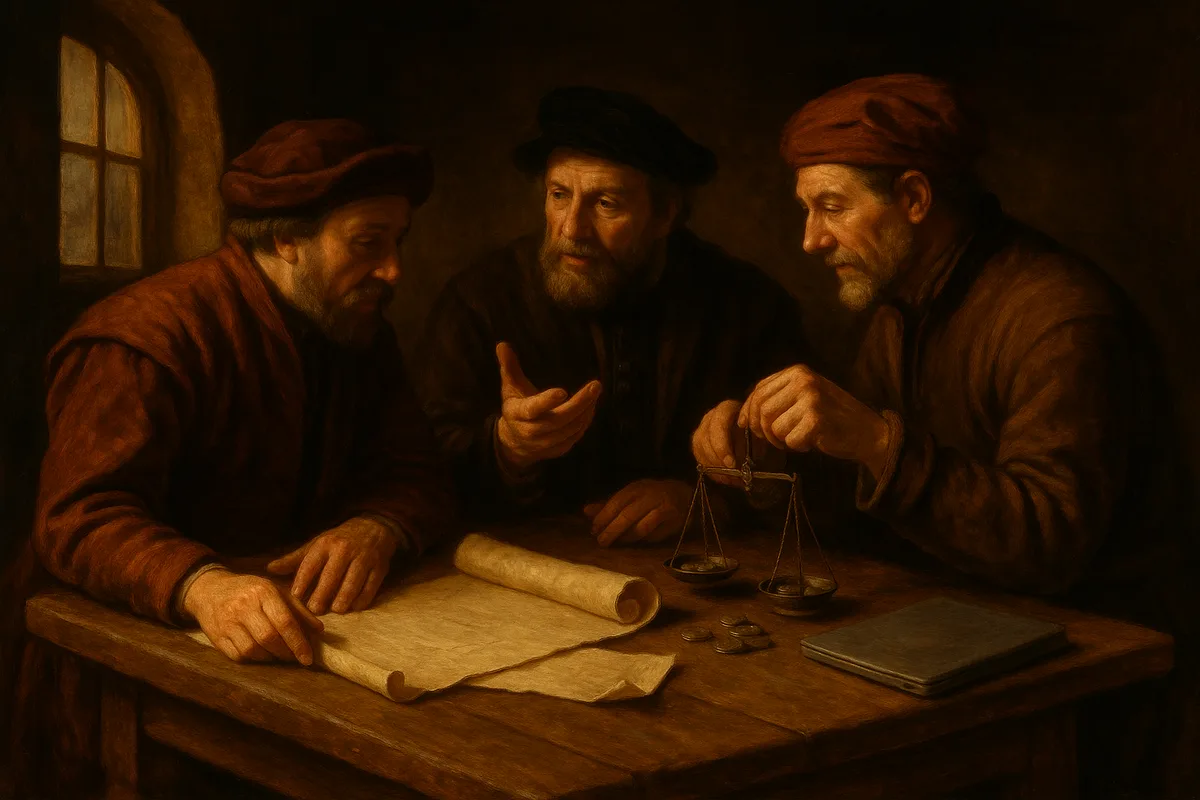 Renaissance style painting of three merchants at a wooden table weighing options with a balance scale and scrolls beside a closed laptop