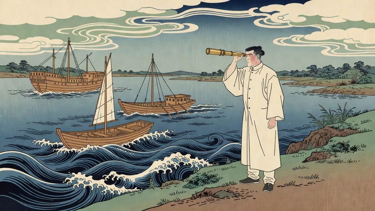 Ukiyo-e woodblock print of a physician with a spyglass comparing three boats of different sizes on a river