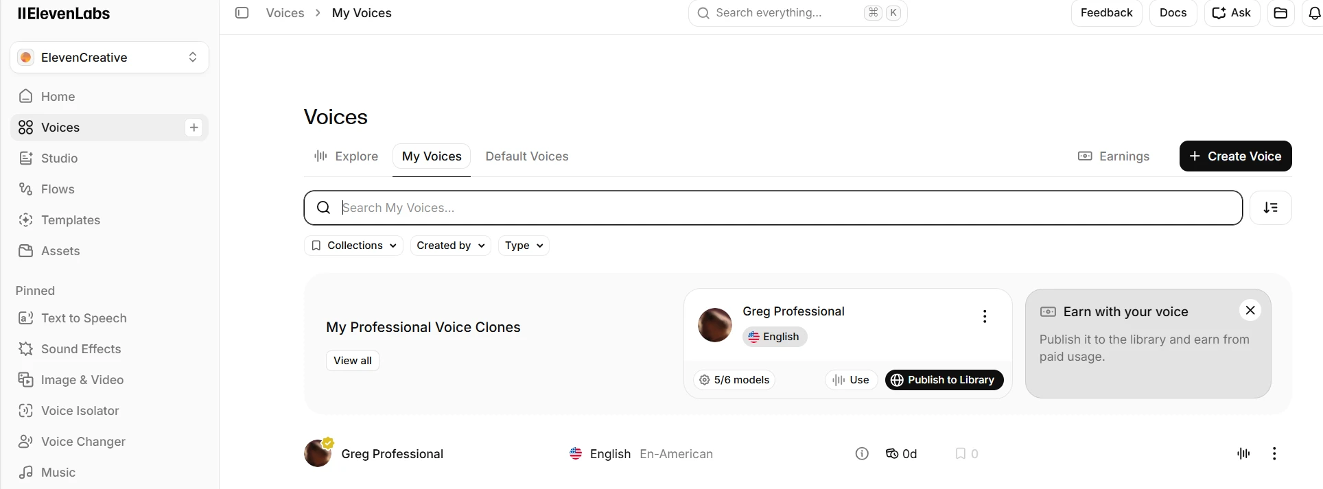 ElevenLabs voice clone dashboard showing a trained professional voice clone