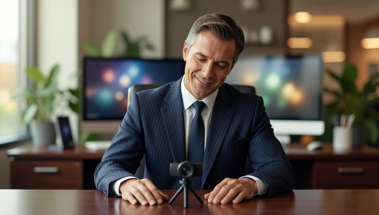 A professional records a personalized greeting on webcam at his desk