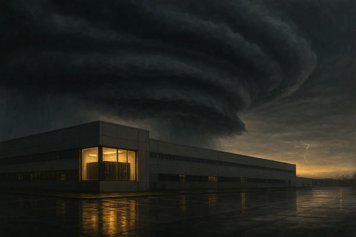 Dramatic painting of a manufacturing facility at dusk under an approaching storm, one corner office glowing warmly with tidy server racks inside