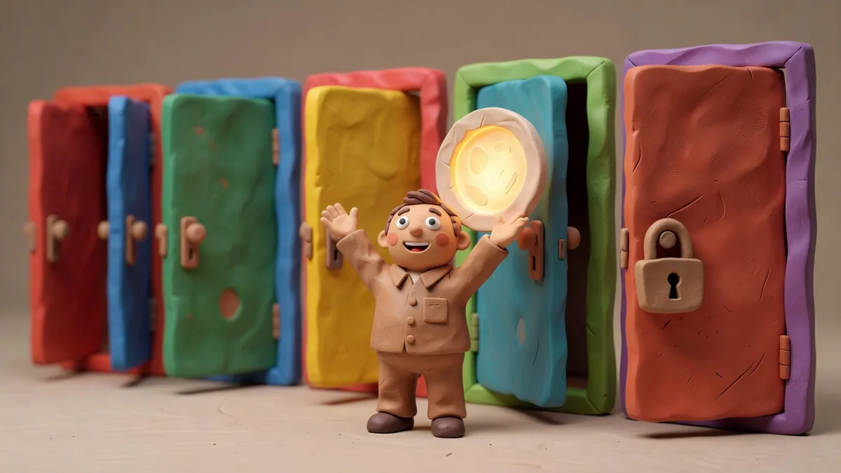 Claymation office worker holding up a single glowing badge as a row of colorful doors swings open, with one padlocked door at the end