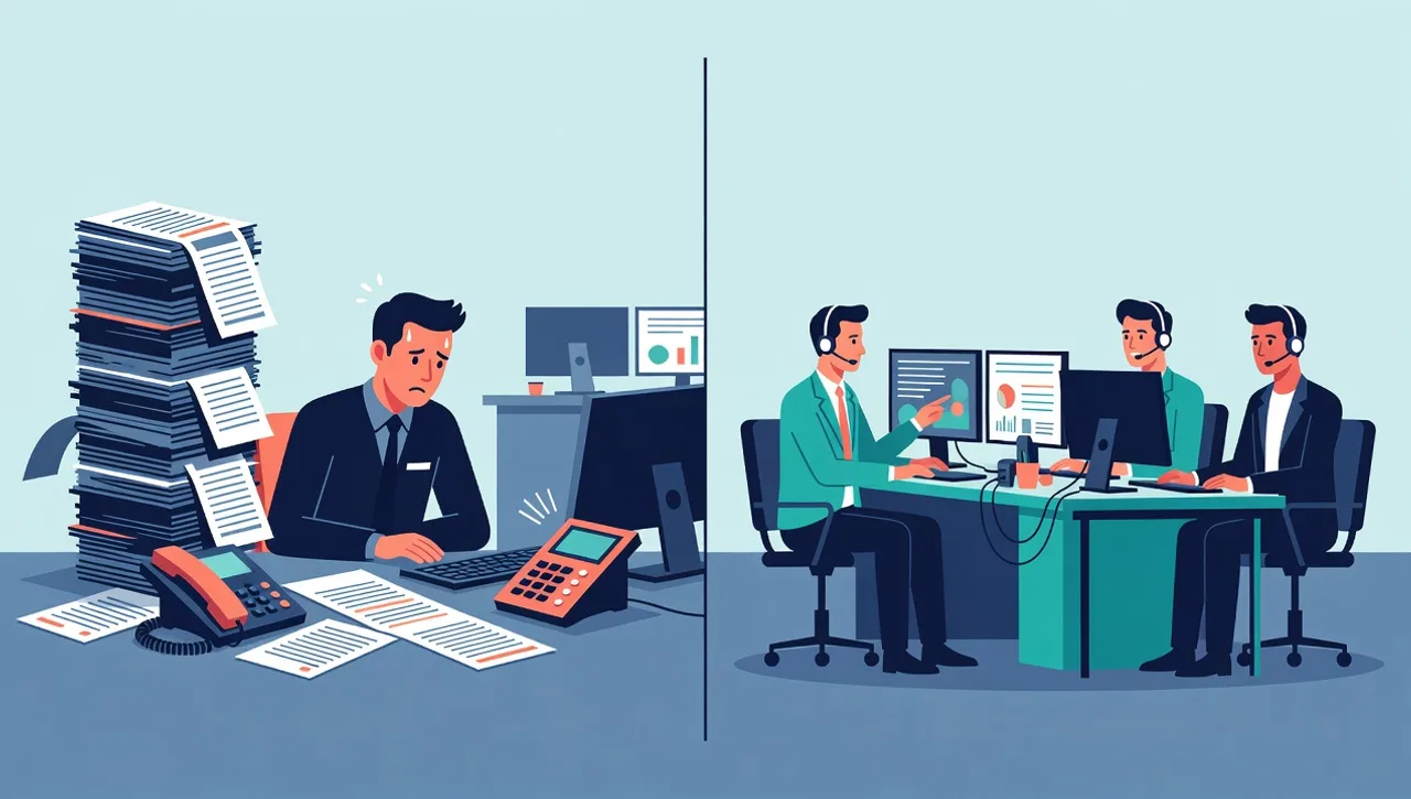 Flat vector split scene of a lone overwhelmed IT technician with a pile of tickets beside a calm three person support team with headsets