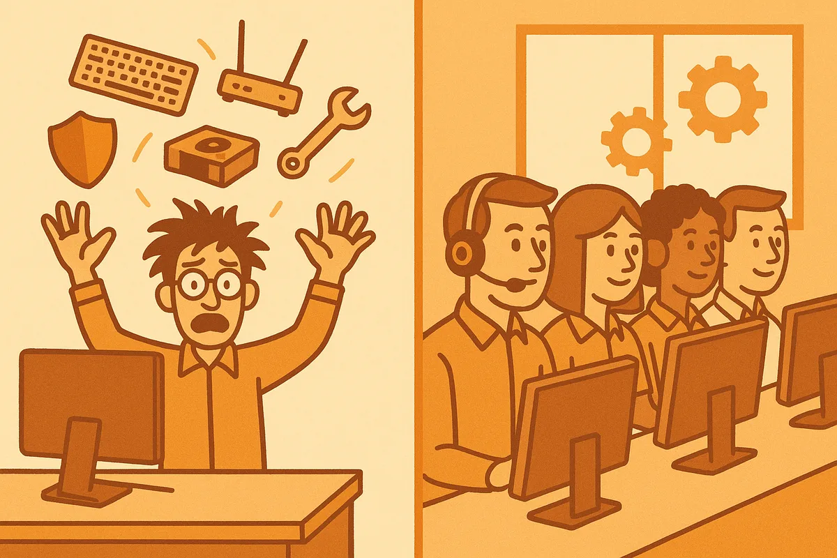 Split cartoon of a lone frazzled IT technician juggling equipment beside a calm four person support team at a help desk