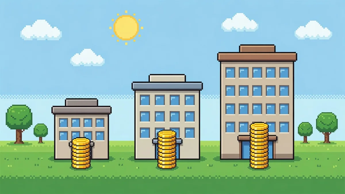 Pixel art scene of three office buildings of increasing size with coin stacks and a budget ledger floating above each
