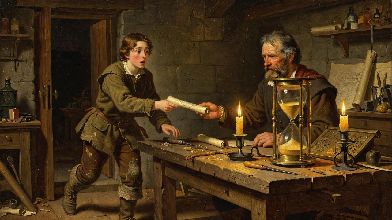Renaissance style oil painting of a messenger rushing a scroll to a craftsman at a workbench, an hourglass prominent on the desk