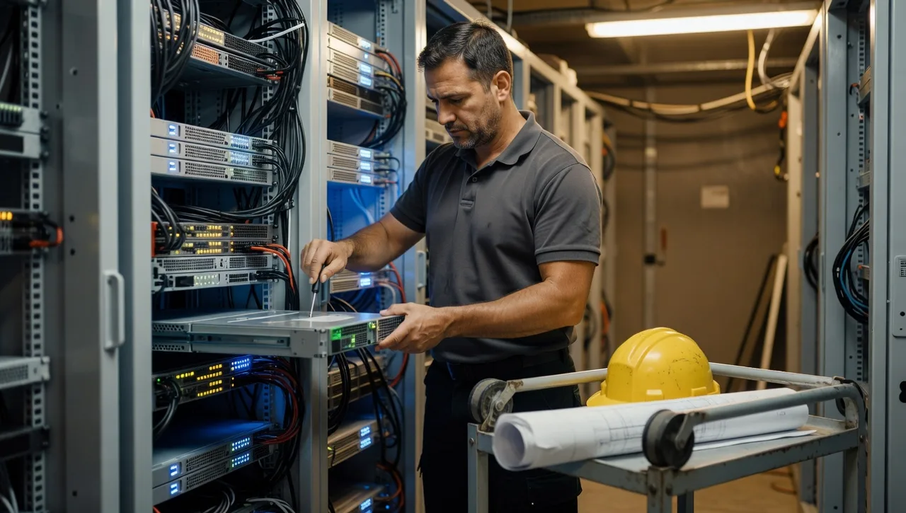 An IT engineer working on a server rack that supports a construction company's Jonas environment