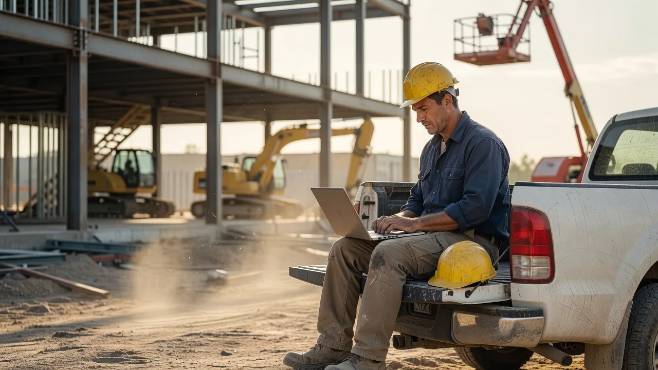 A construction project manager working securely on a laptop from the tailgate of a truck at a jobsite