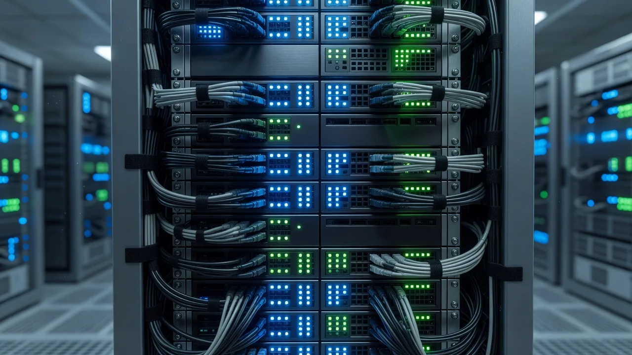 A close-up of a server rack with blinking status lights supporting a construction company's SQL database
