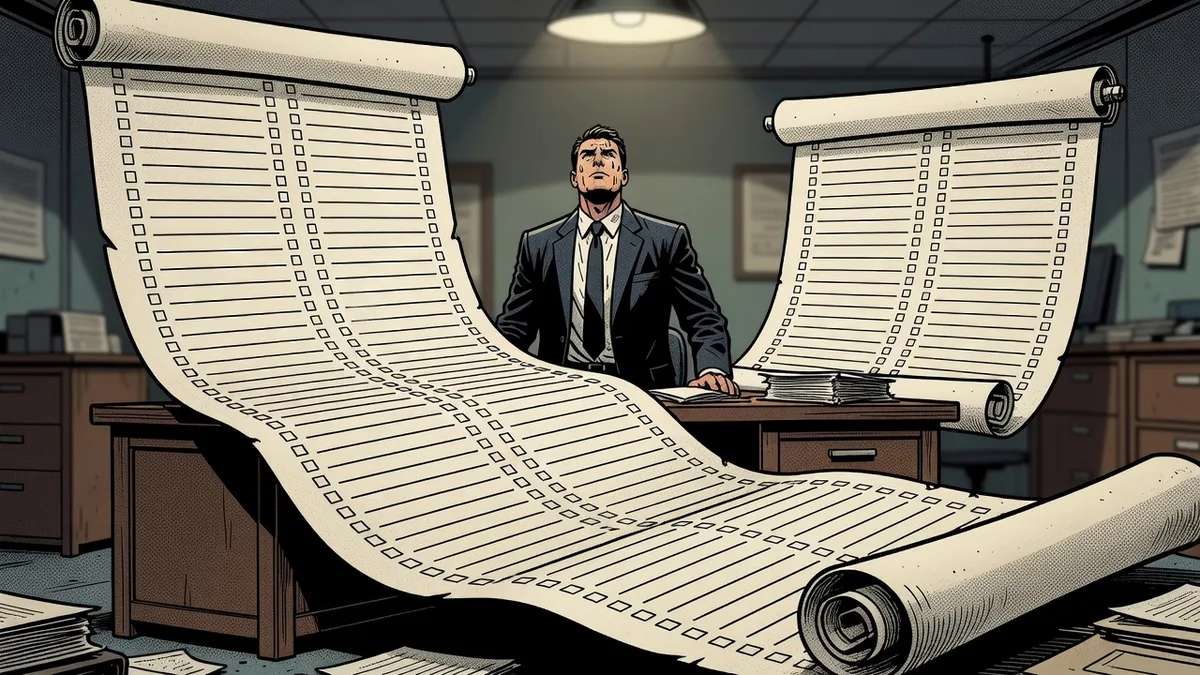 Comic book illustration of a determined lawyer at a desk facing an enormous scroll of empty checkboxes cascading from above
