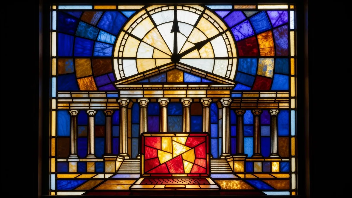 Stained glass artwork of a courthouse with a large clock above it and a glowing laptop in the foreground