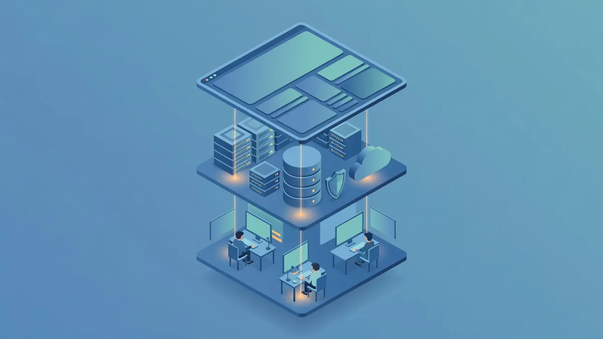 Isometric illustration of three stacked floating layers showing an application window, server infrastructure, and people at desks connected by light beams