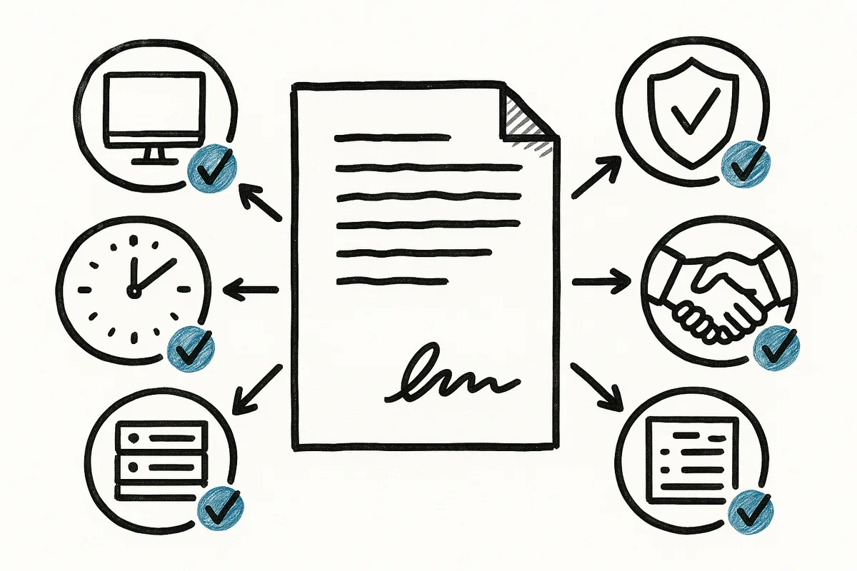 Whiteboard marker sketch of a contract document surrounded by circled icons for support, security, response time, servers, and a handshake, each with a checked box