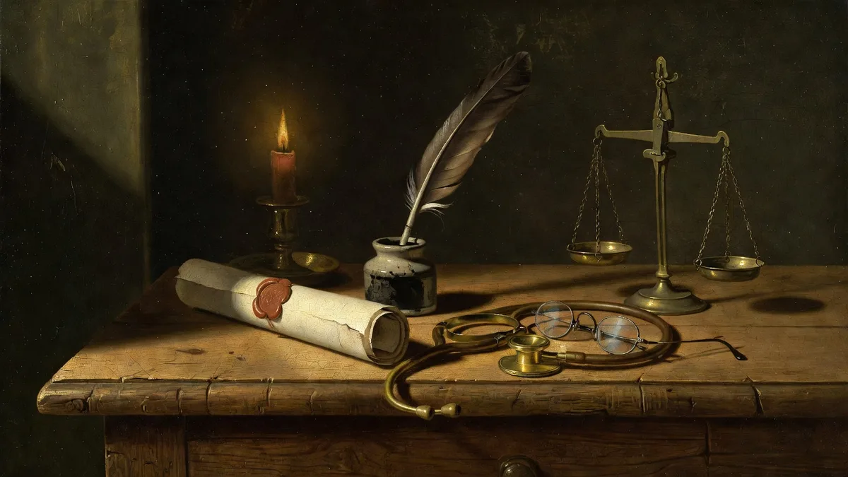 Dutch still life oil painting of a sealed parchment agreement, quill, spectacles, balance scale and stethoscope on a desk