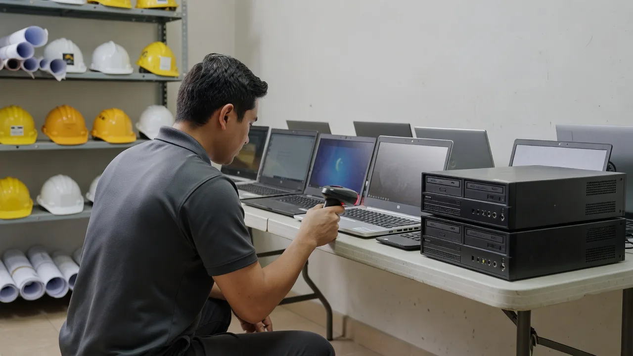 An IT technician checking a row of laptops and desktop towers during a device count for a construction company
