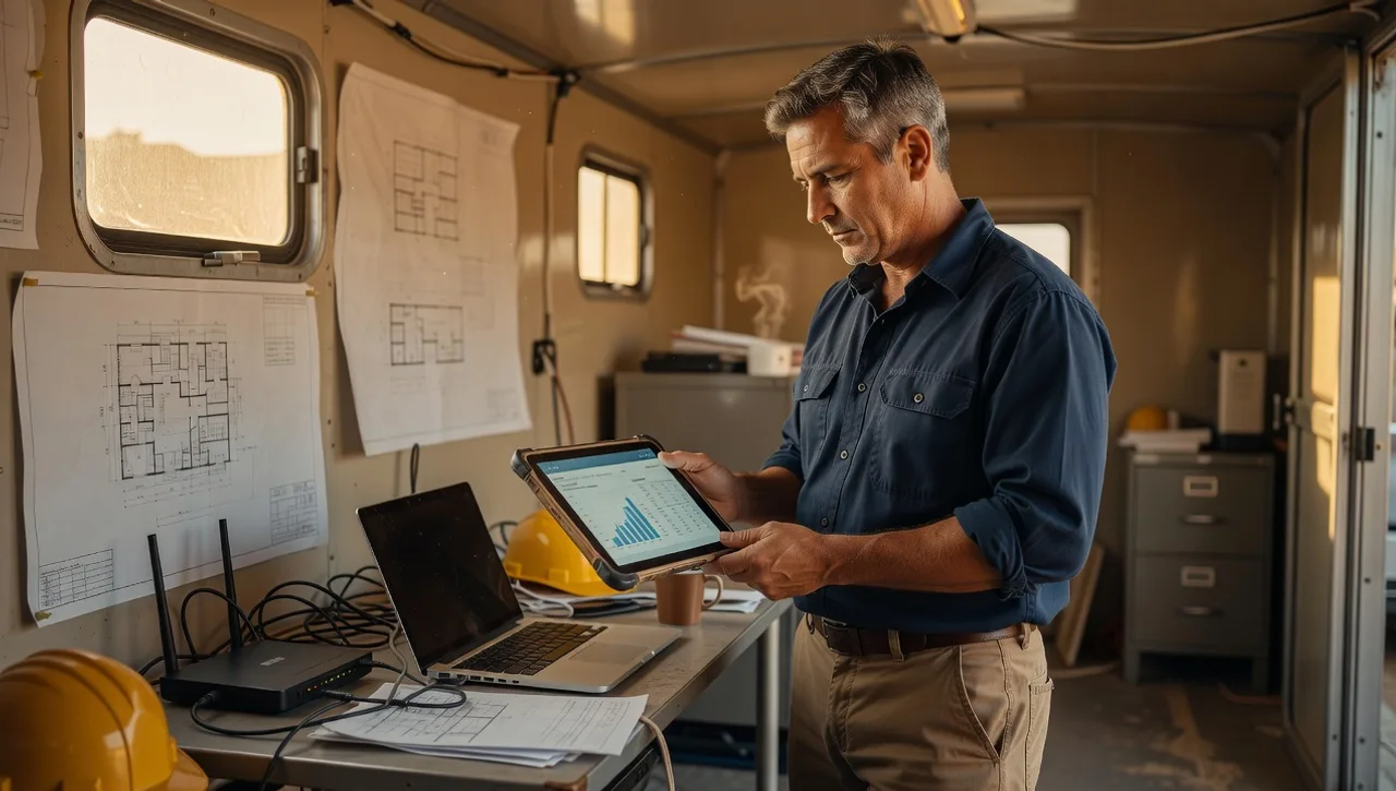 A construction project manager reviewing a budget on a tablet at a Houston jobsite
