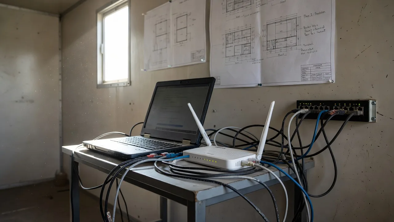 A jobsite trailer office with a laptop, Wi-Fi router, and network cables set up for a construction crew