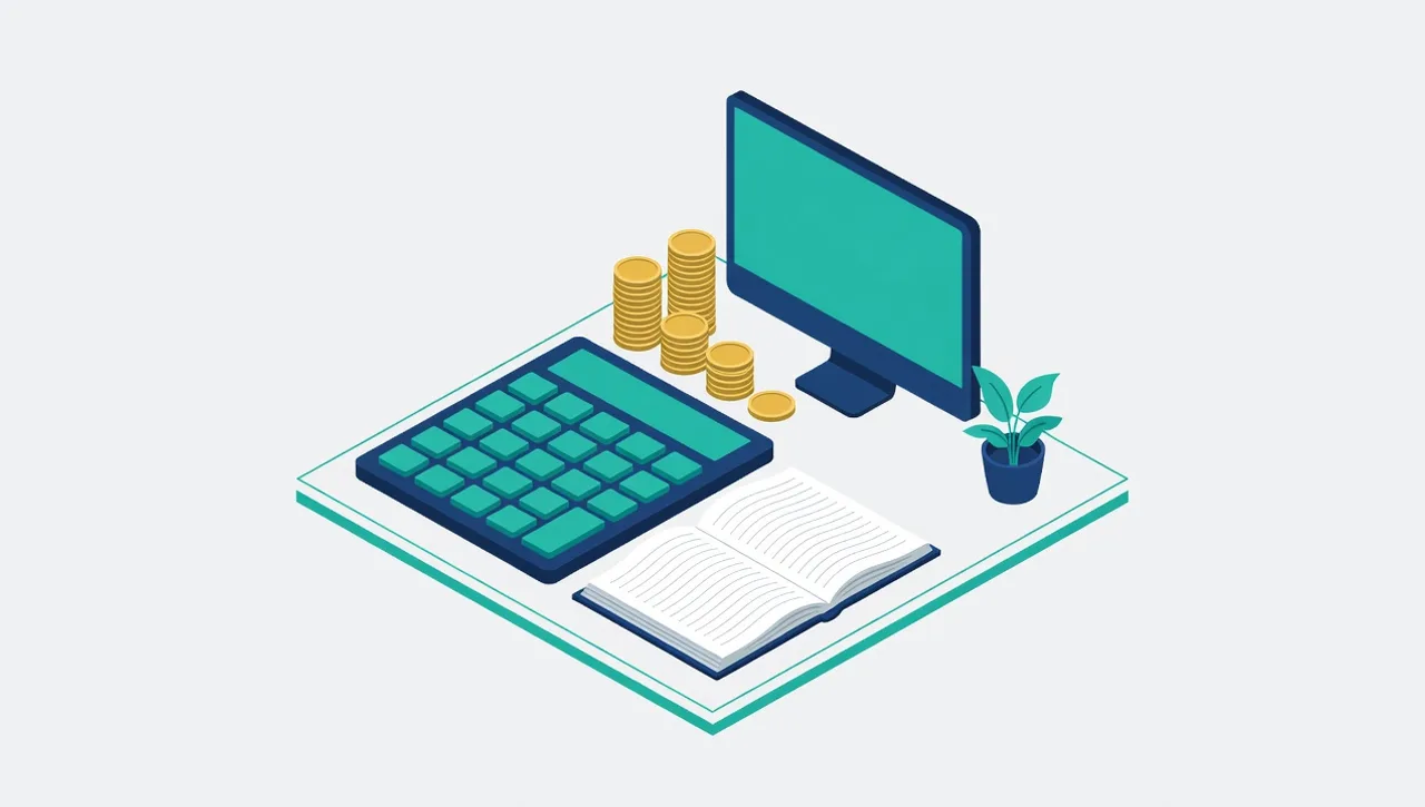 Isometric illustration of an accountant's desk with an oversized calculator, stacks of gold coins, an open ledger, and a desktop computer