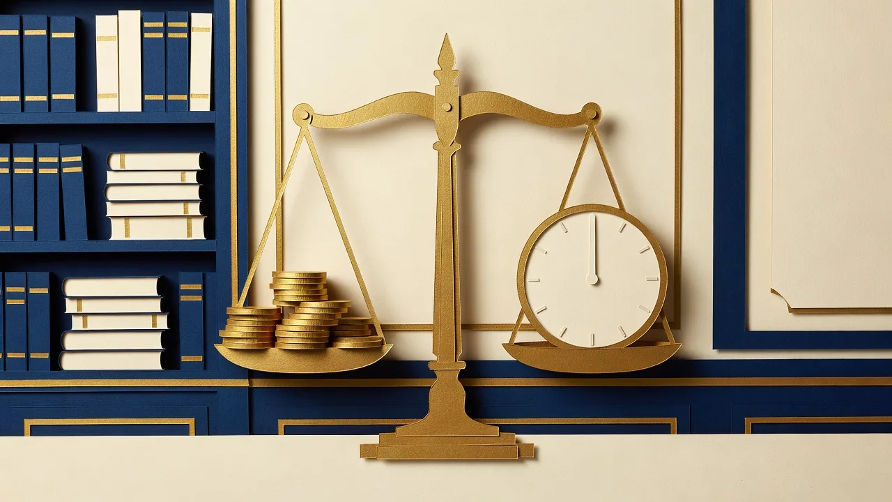 Paper-cutout illustration of brass scales of justice balancing a stack of gold coins against a clock face, in front of a papercraft law bookshelf