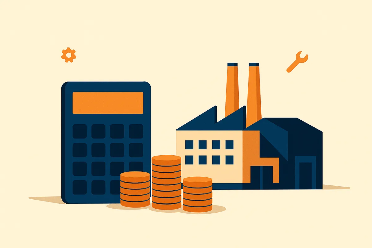 Flat vector illustration of a manufacturing plant with a large calculator and stacks of coins representing IT budgeting