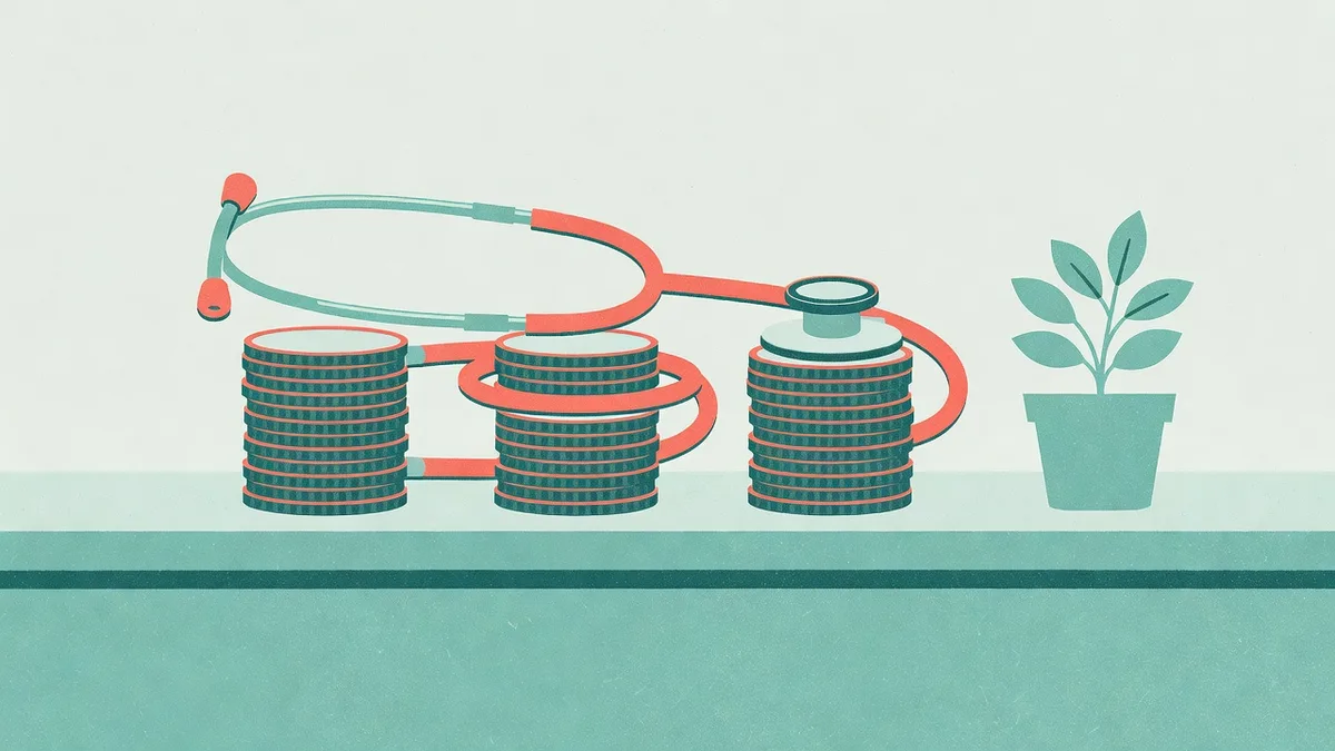 Risograph print of a stethoscope coiled around three stacks of coins on a clinic reception counter