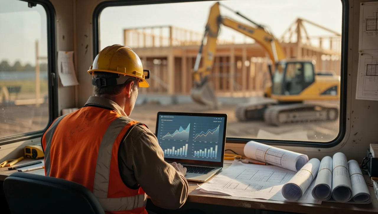 A construction superintendent reviews a dashboard on a laptop at a jobsite trailer desk