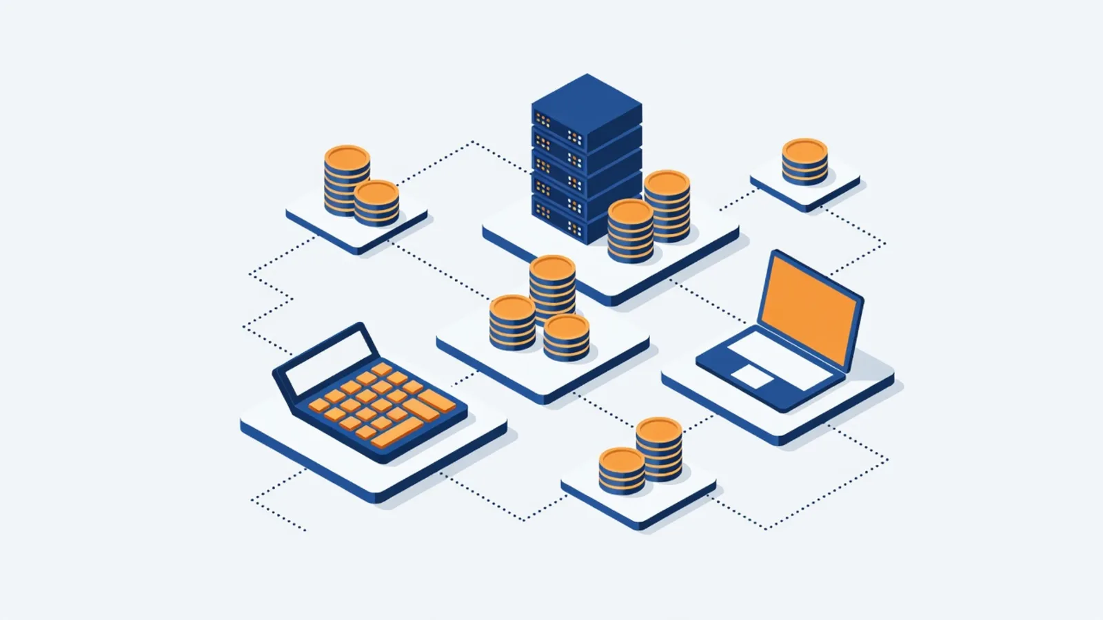 Isometric illustration of a calculator, coins, server, and laptop representing managed IT pricing