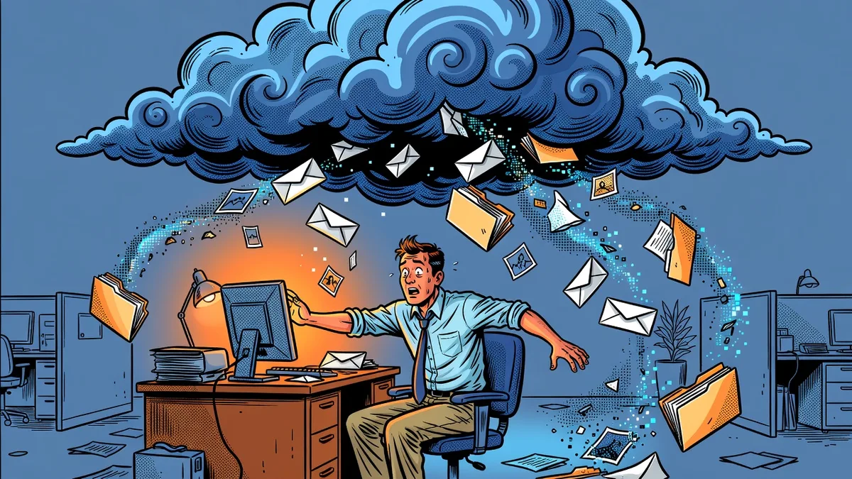 Comic art of an alarmed office worker at a desk as envelopes, folders, and photos slip out of a cloud overhead and dissolve into pixels