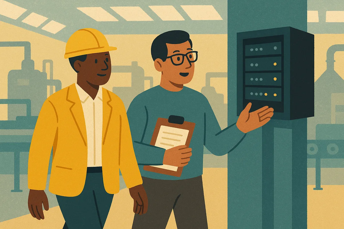 Flat illustration of a factory manager in a hard hat and an IT technician with a clipboard reviewing a column mounted network cabinet on a production floor