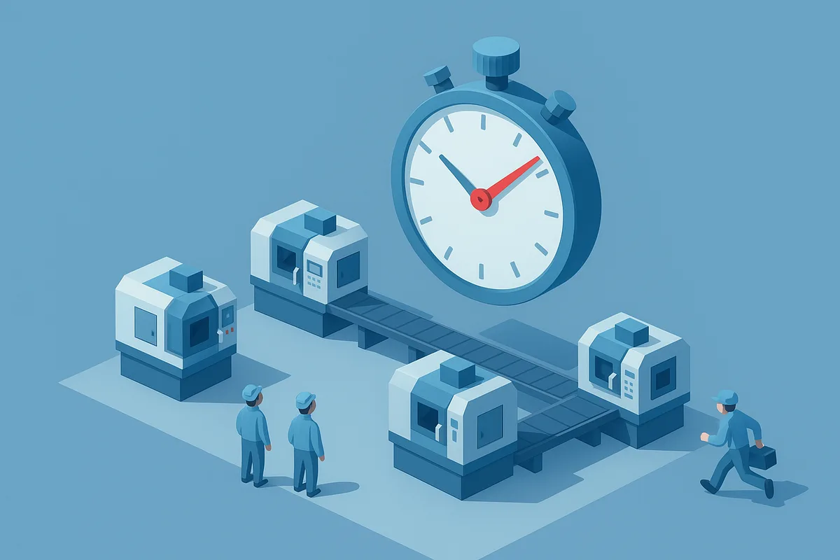Isometric illustration of a stopped factory line under a large stopwatch as a technician hurries in with a toolkit