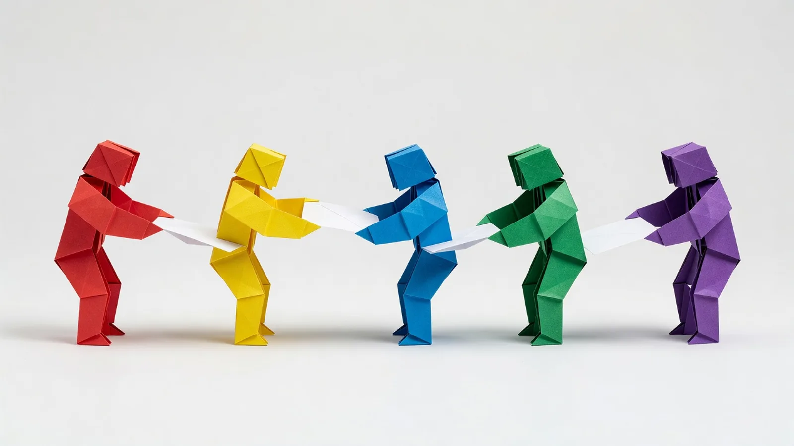 Origami paper figures passing a folded paper sheet along an assembly line, each figure a different color
