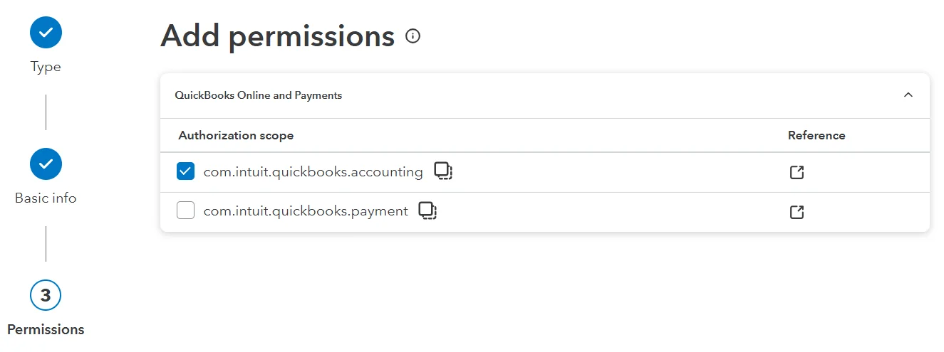 The Add permissions screen with the accounting scope checkbox selected