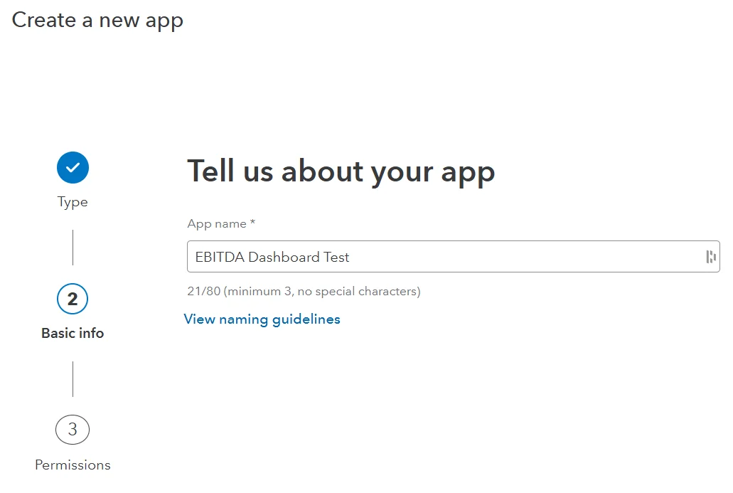 The "Tell us about your app" screen with an app name field filled in