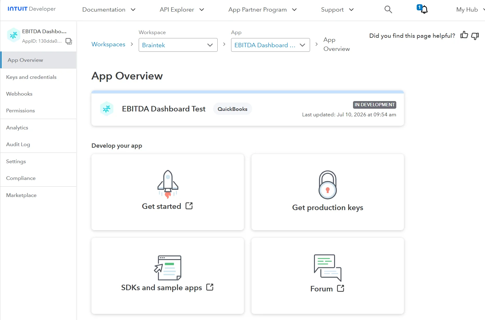 The app overview page's left navigation, showing Keys and credentials, Webhooks, Permissions, and other settings, plus a Get production keys tile