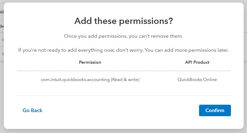 The confirmation dialog warning that permissions can't be removed once added
