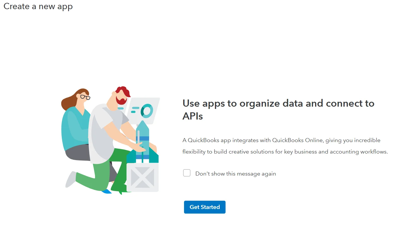 The "Create a new app" intro screen with a Get Started button