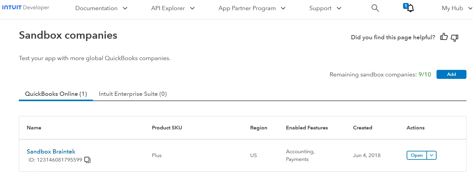 The Intuit Developer sandbox companies screen showing a QuickBooks Online sandbox already created, with 9 of 10 remaining