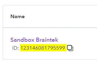 The Sandbox companies list with the Realm ID highlighted under the company name
