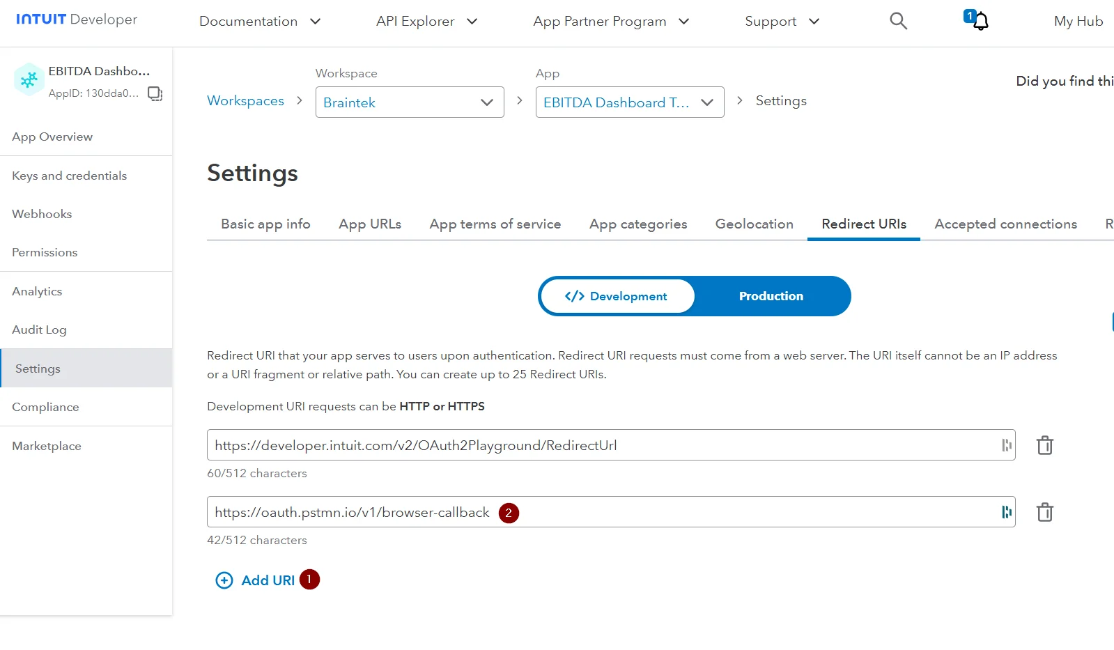 The same screen after adding the Postman callback URL as a second Redirect URI