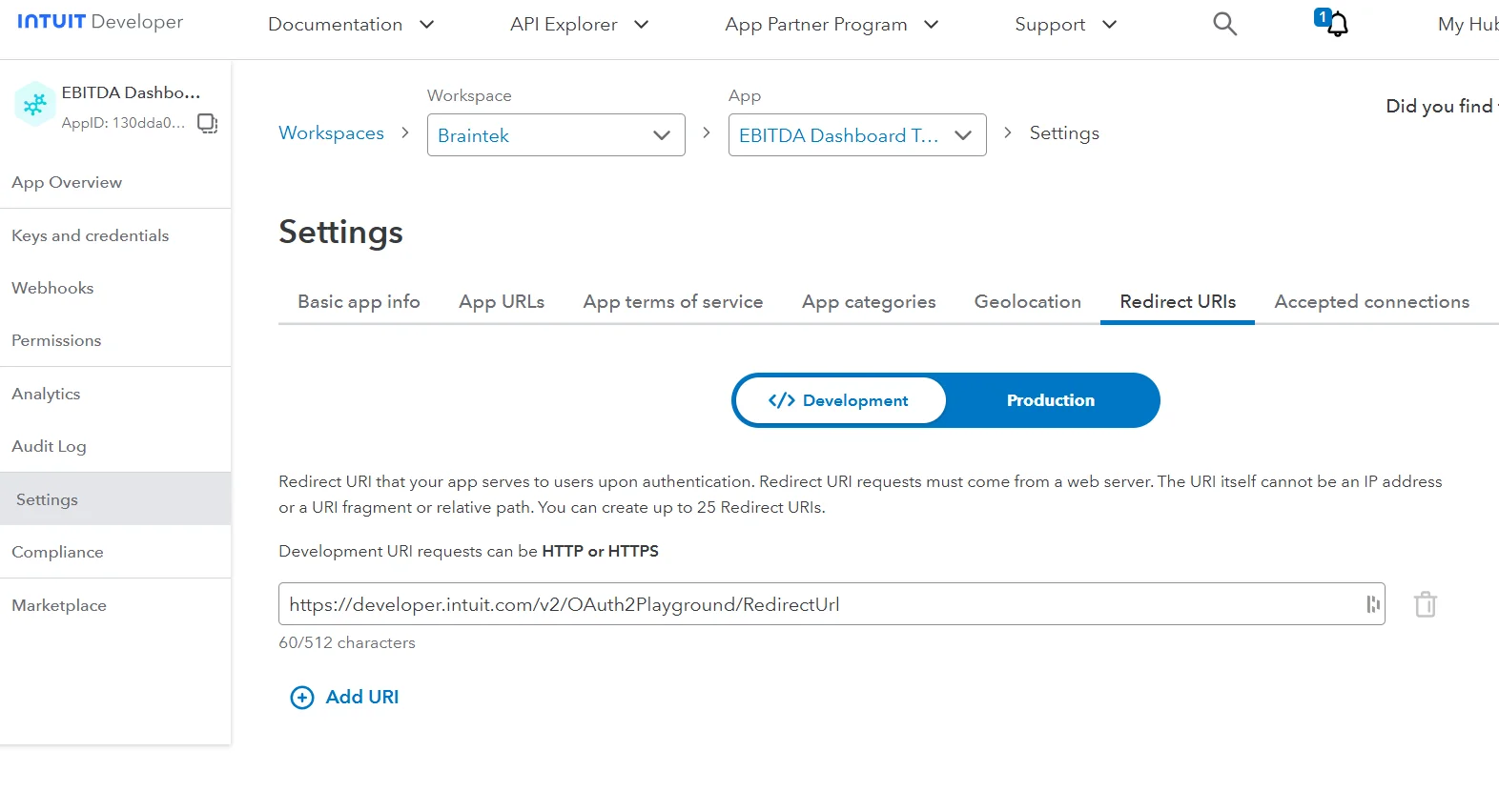 The Redirect URIs screen under Settings, Development selected, with only the default Intuit Playground URL listed