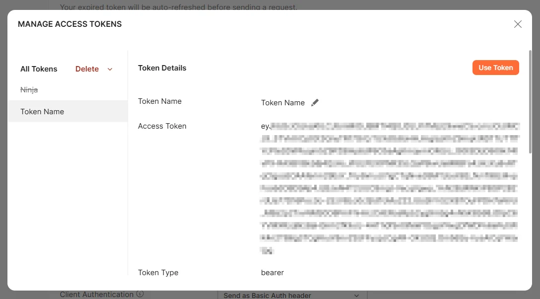 Postman's Manage Access Tokens window showing Token Details with a blurred access token and a Use Token button