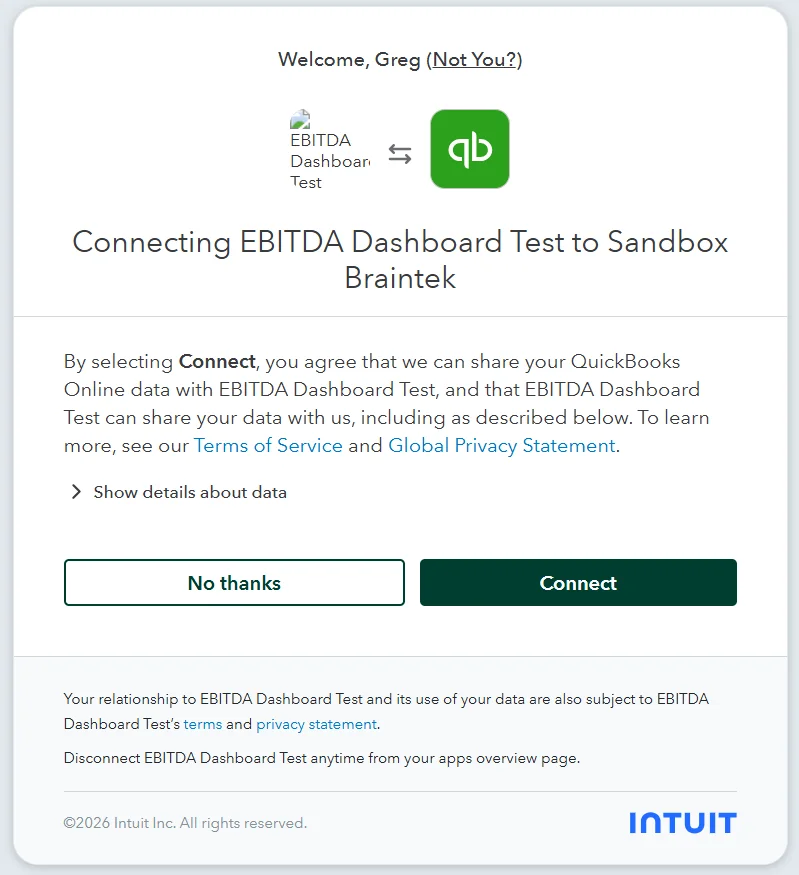 The QuickBooks consent screen asking to connect the app to the sandbox company, with a Connect button