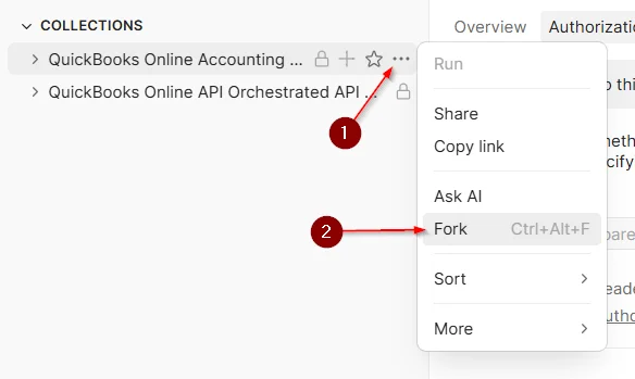 The collection's context menu with the Fork option highlighted