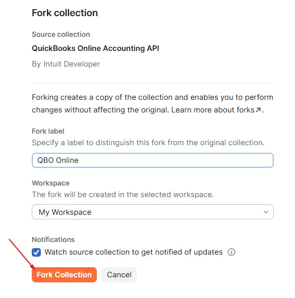 The Fork collection dialog with a fork label and workspace selected